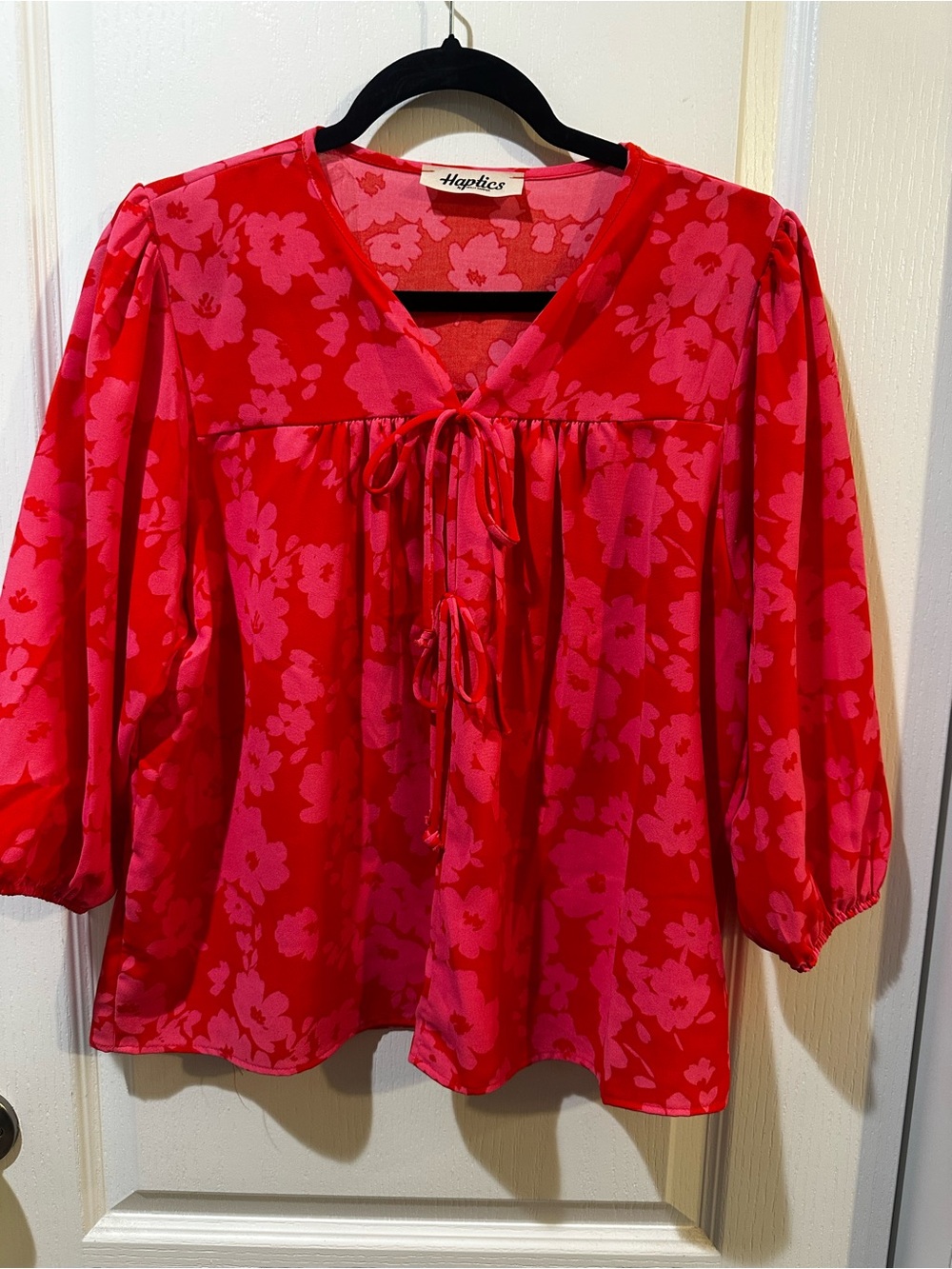 Haptics Pink & Red Floral Tie-Neck Blouse